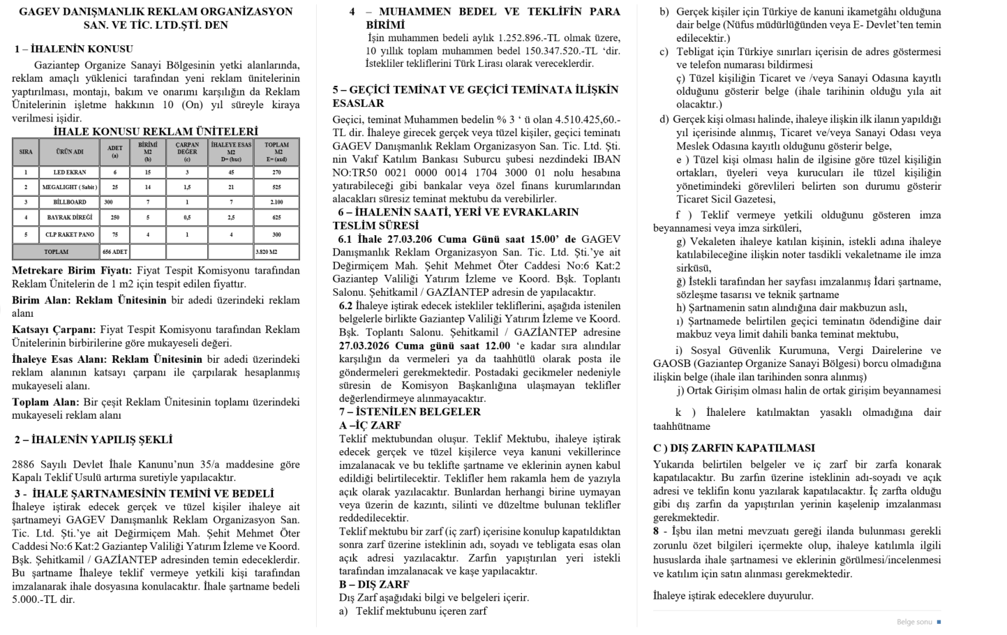 İhale İlanı: GAOSB alanları Reklam Ünitelerinin işletmesinin GAGEV olarak 10 (On) yıl kiraya verilmesi işi
